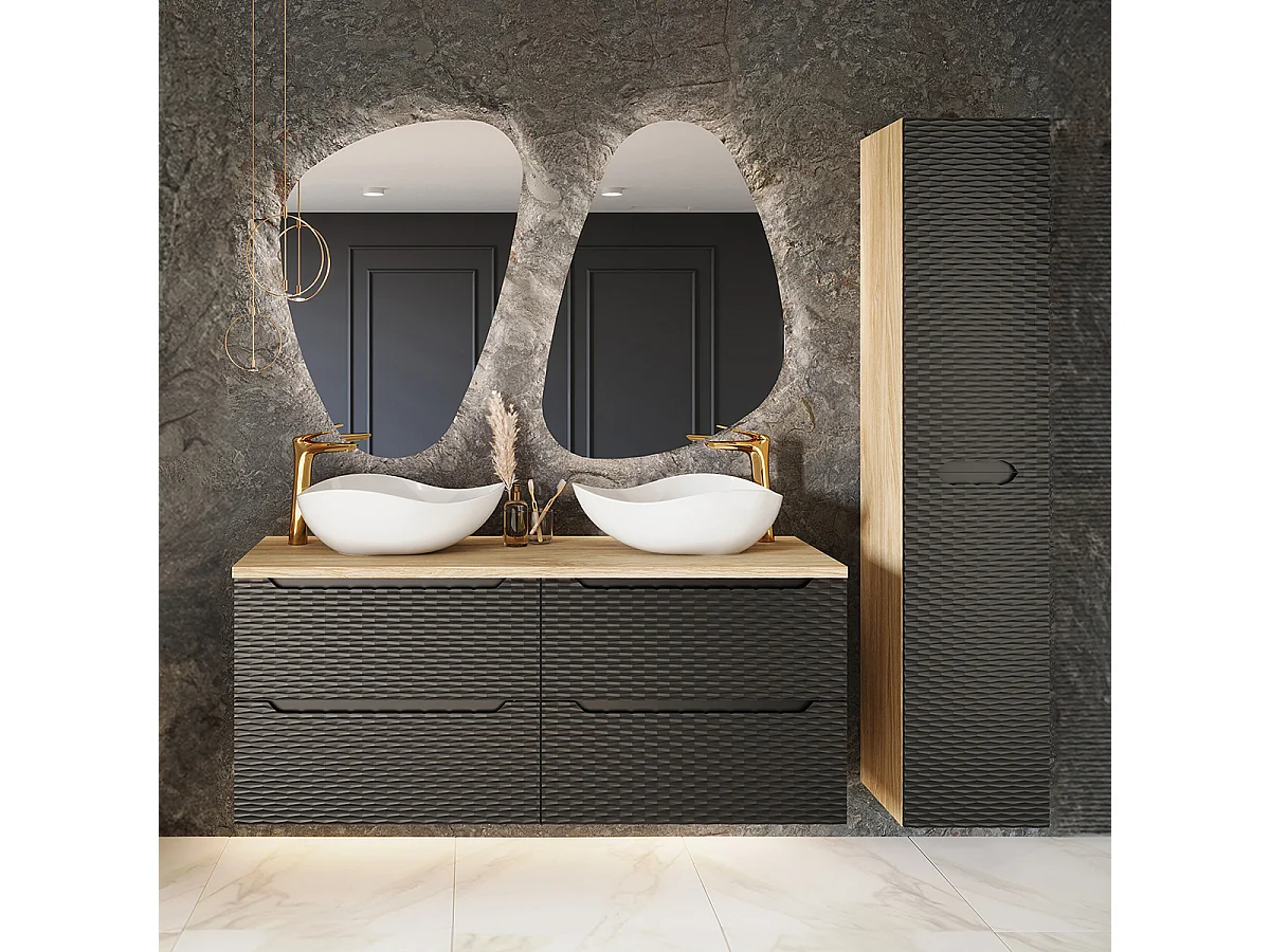 Ensemble meuble double vasque 120cm 4 tiroirs et colonne Elora Noir et bois Cloud