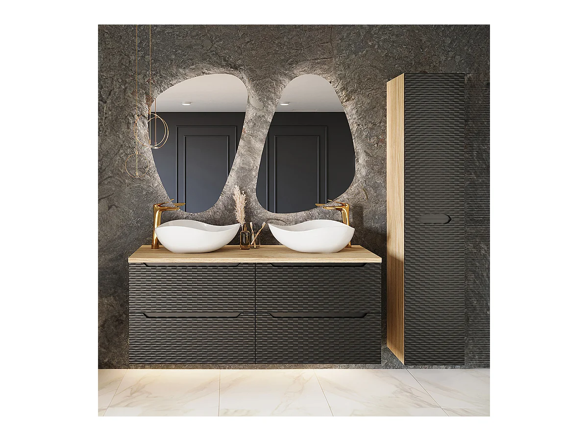 Ensemble meuble double vasque 120cm 4 tiroirs et colonne Elora Noir et bois Cloud
