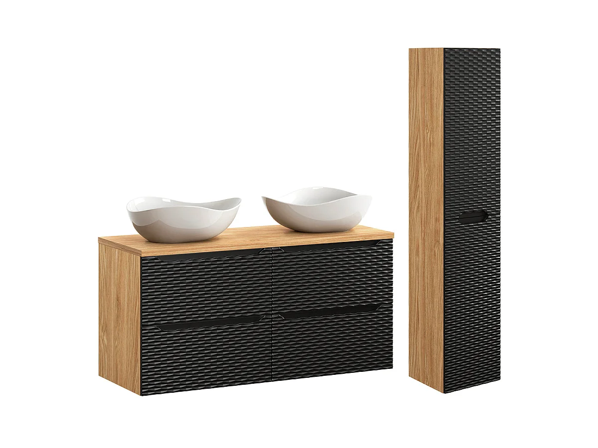 Ensemble meuble double vasque 120cm 4 tiroirs et colonne Elora Noir et bois Cloud