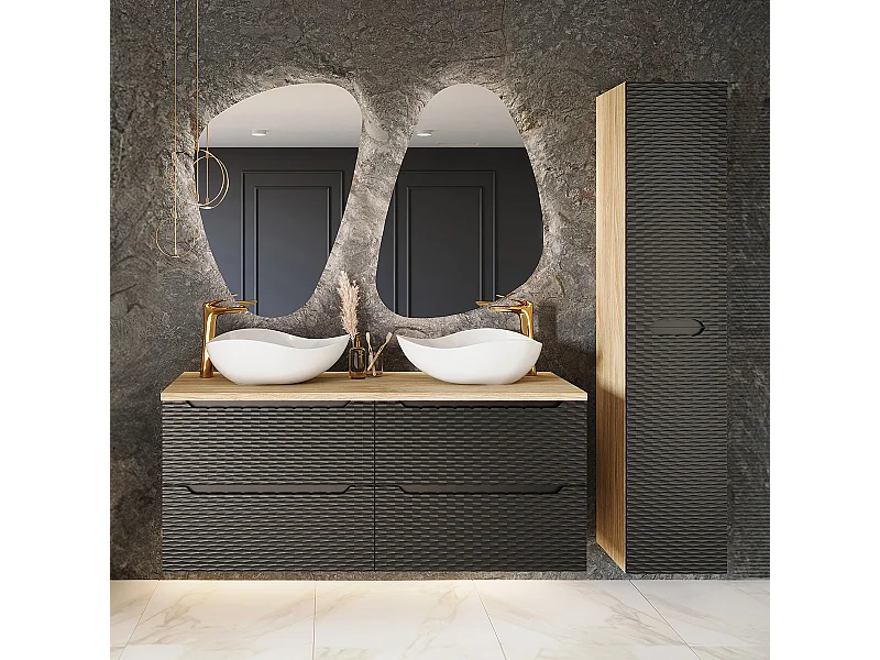 Conjunto de muebles con doble lavabo 120cm 4 cajones y columna Elora Negro y madera Cloud