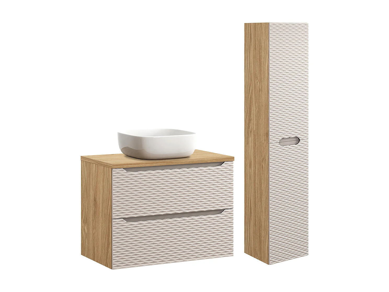 Conjunto de muebles con lavabo individual 80cm y columna Elora Beige y madera