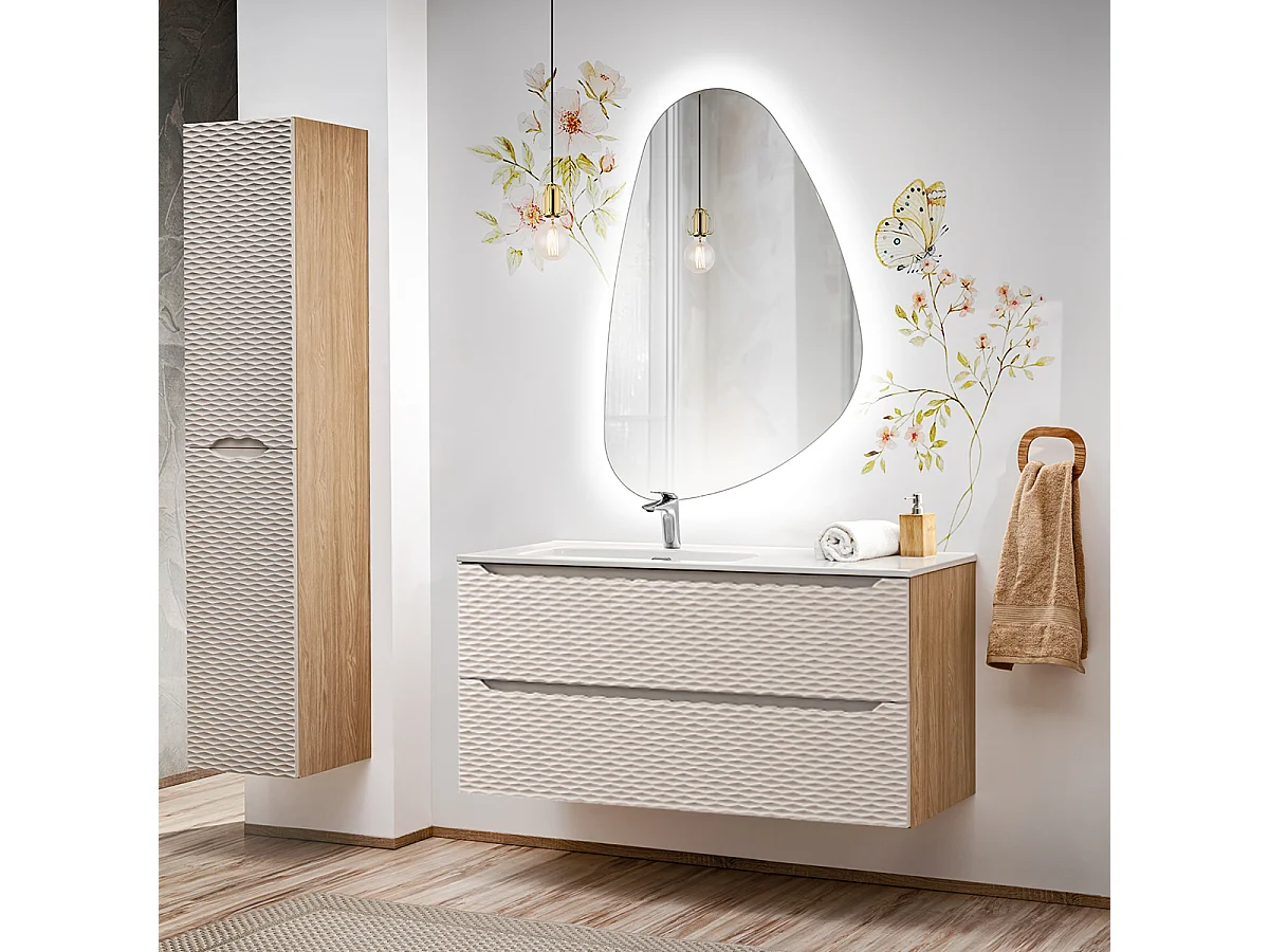 Set med 120 cm enkel tvättställsskåp med 2 lådor och Elora piedestal Beige och trä