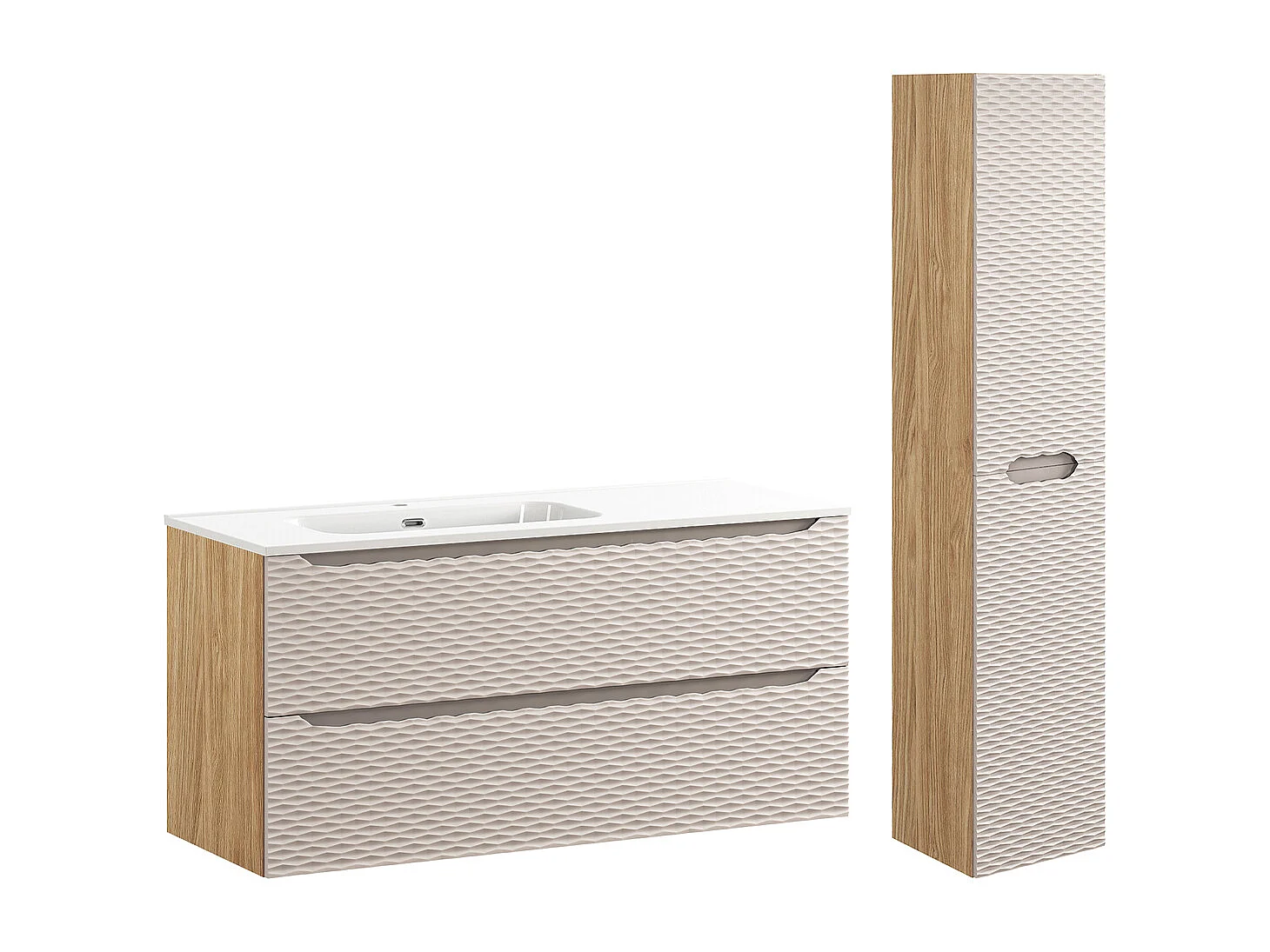 Set med 120 cm enkel tvättställsskåp med 2 lådor och Elora piedestal Beige och trä
