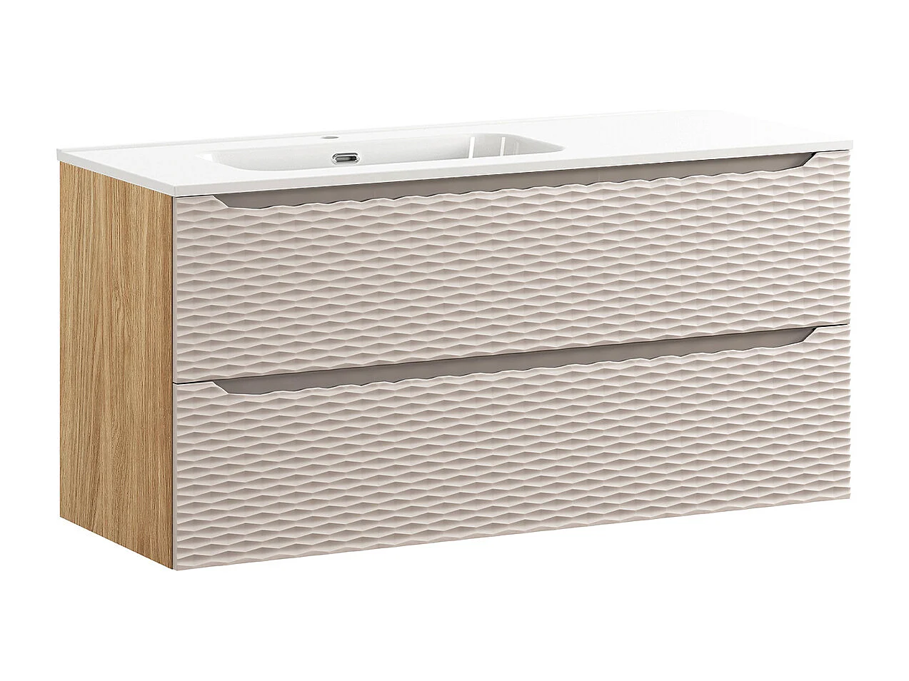 Set med 120 cm enkel tvättställsskåp med 2 lådor och Elora piedestal Beige och trä
