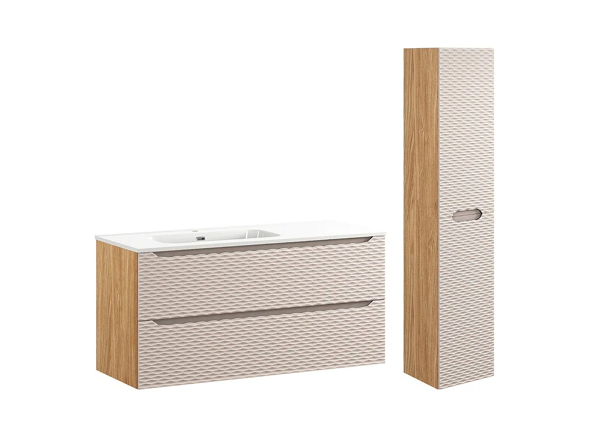 Ensemble meuble simple vasque encastrée gauche 120cm 2 tiroirs et colonne Elora Beige et bois