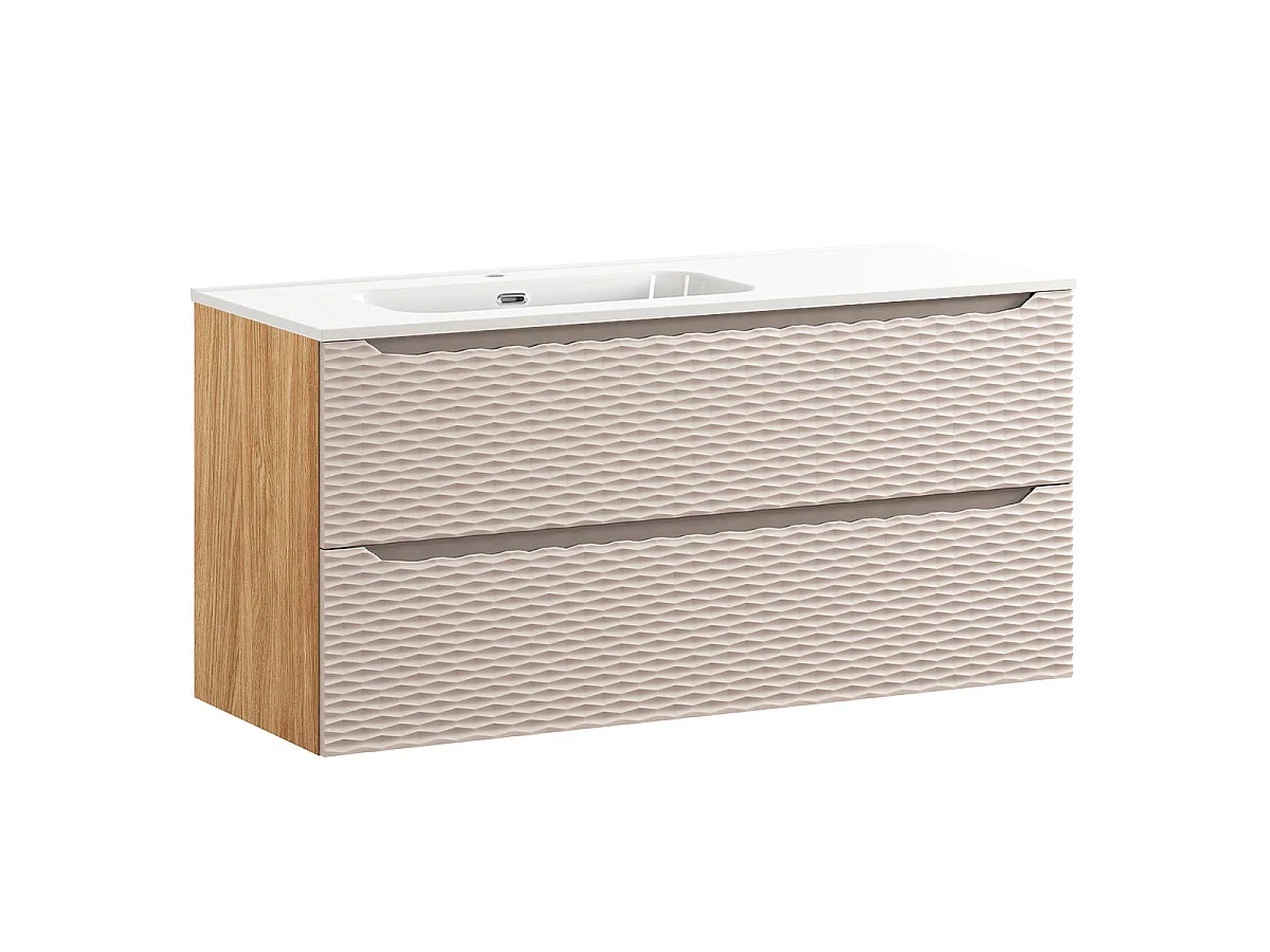 Ensemble meuble simple vasque encastrée gauche 120cm 2 tiroirs et colonne Elora Beige et bois