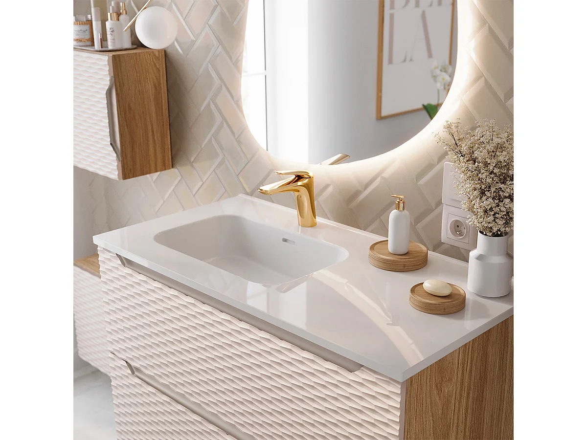 Ensemble meuble simple vasque encastrée gauche 120cm 2 tiroirs et colonne Elora Beige et bois