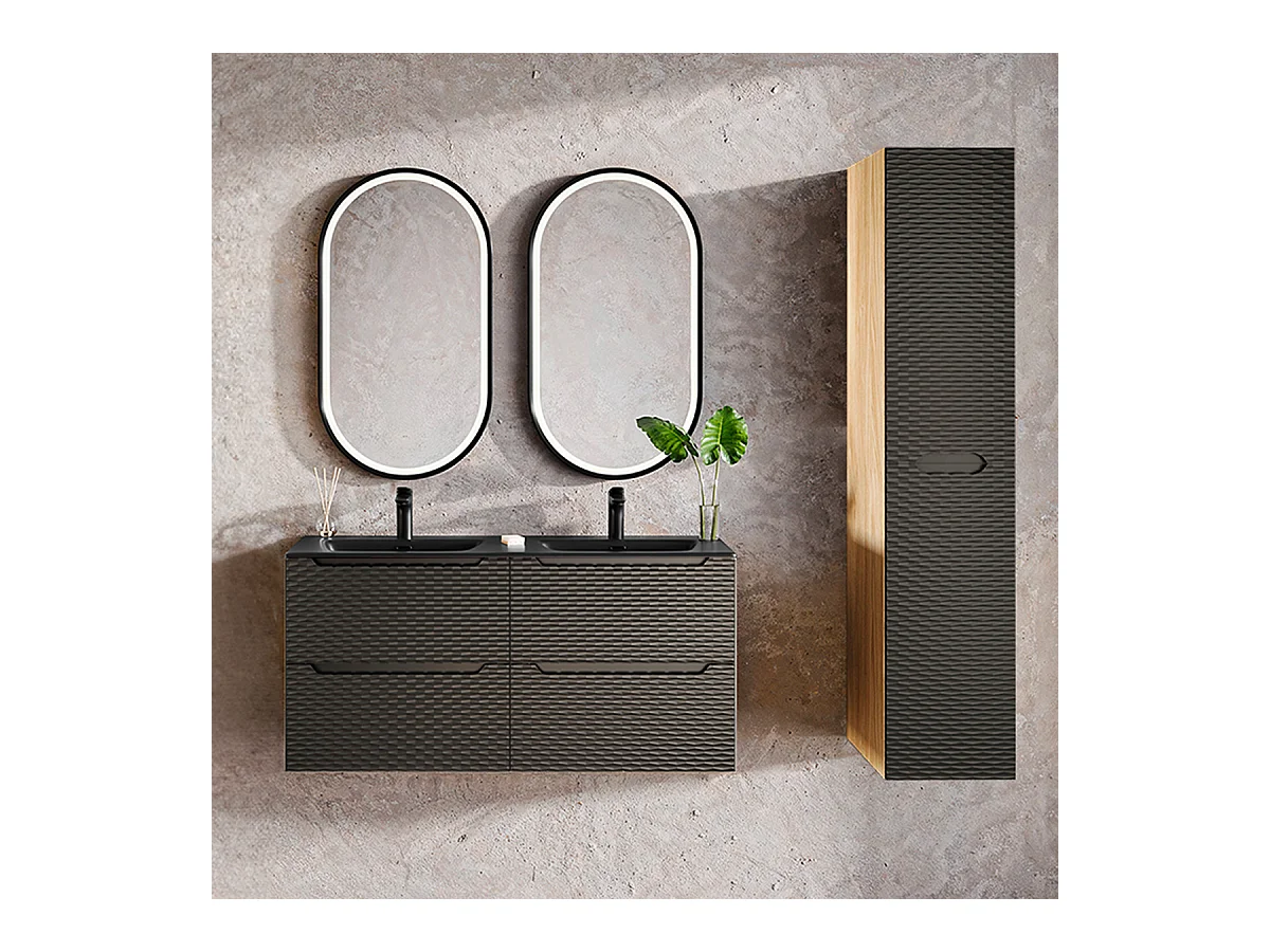 Ensemble meuble double vasque encastrée 120cm 4 tiroirs et colonne Elora Noir et bois