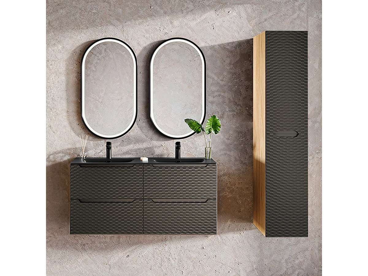 Conjunto de muebles con doble lavabo encastrado 120cm 4 cajones y columna Elora Negro y madera
