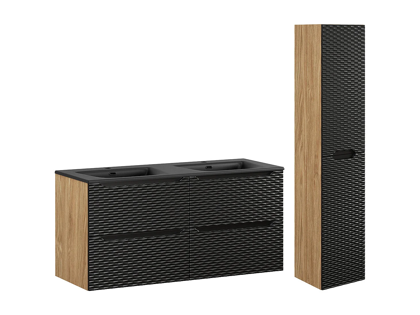 Conjunto de muebles con doble lavabo encastrado 120cm 4 cajones y columna Elora Negro y madera