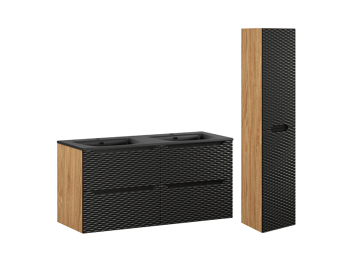 Ensemble meuble double vasque encastrée 120cm 4 tiroirs et colonne Elora Noir et bois