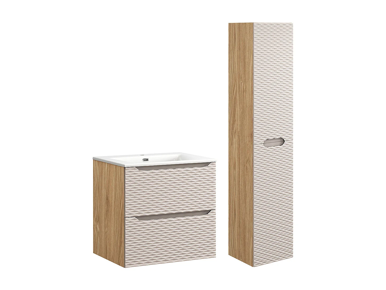 Ensemble meuble simple vasque encastrée 60cm et colonne Elora Beige et bois
