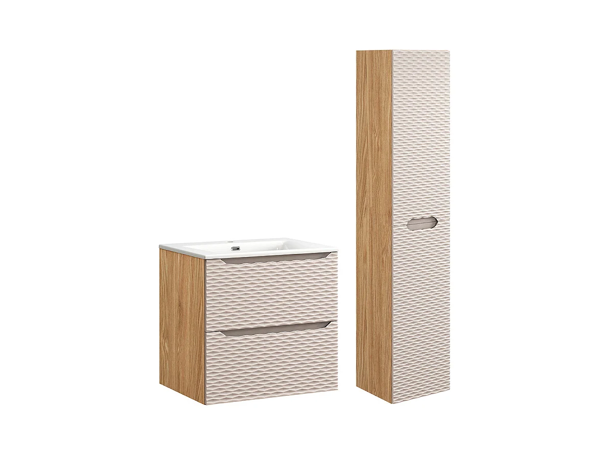 Ensemble meuble simple vasque encastrée 60cm et colonne Elora Beige et bois