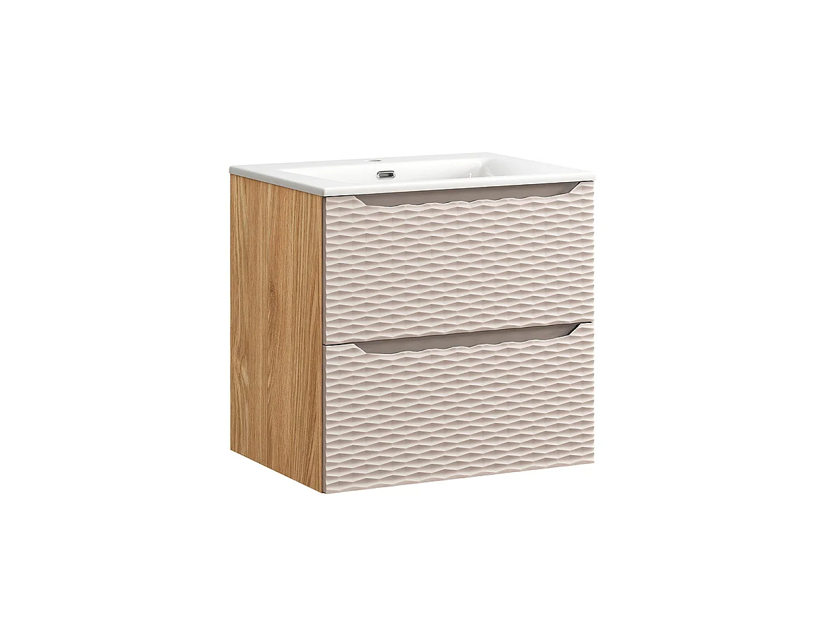 Ensemble meuble simple vasque encastrée 60cm et colonne Elora Beige et bois