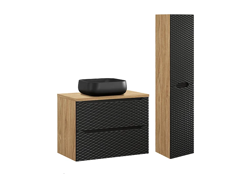 Conjunto de muebles con lavabo individual 80cm y columna Elora Negro y madera