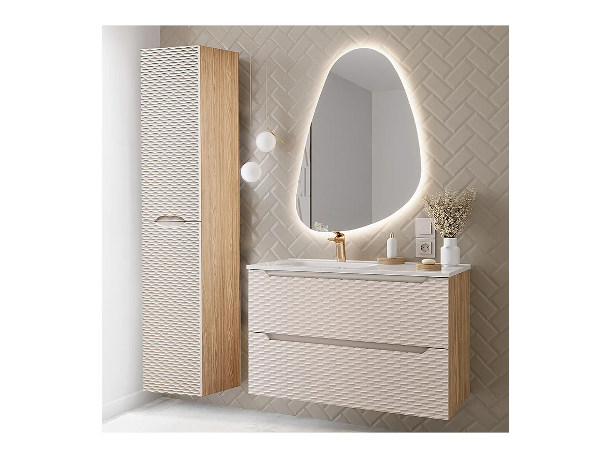 Ensemble meuble simple vasque encastrée gauche 90cm et colonne Elora Beige et bois