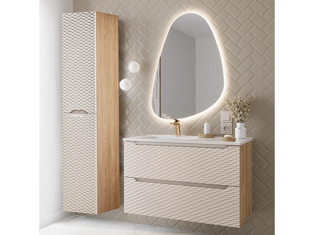 Conjunto de muebles con lavabo individual encastrado lado izquierdo 90cm y columna Elora Beige y madera