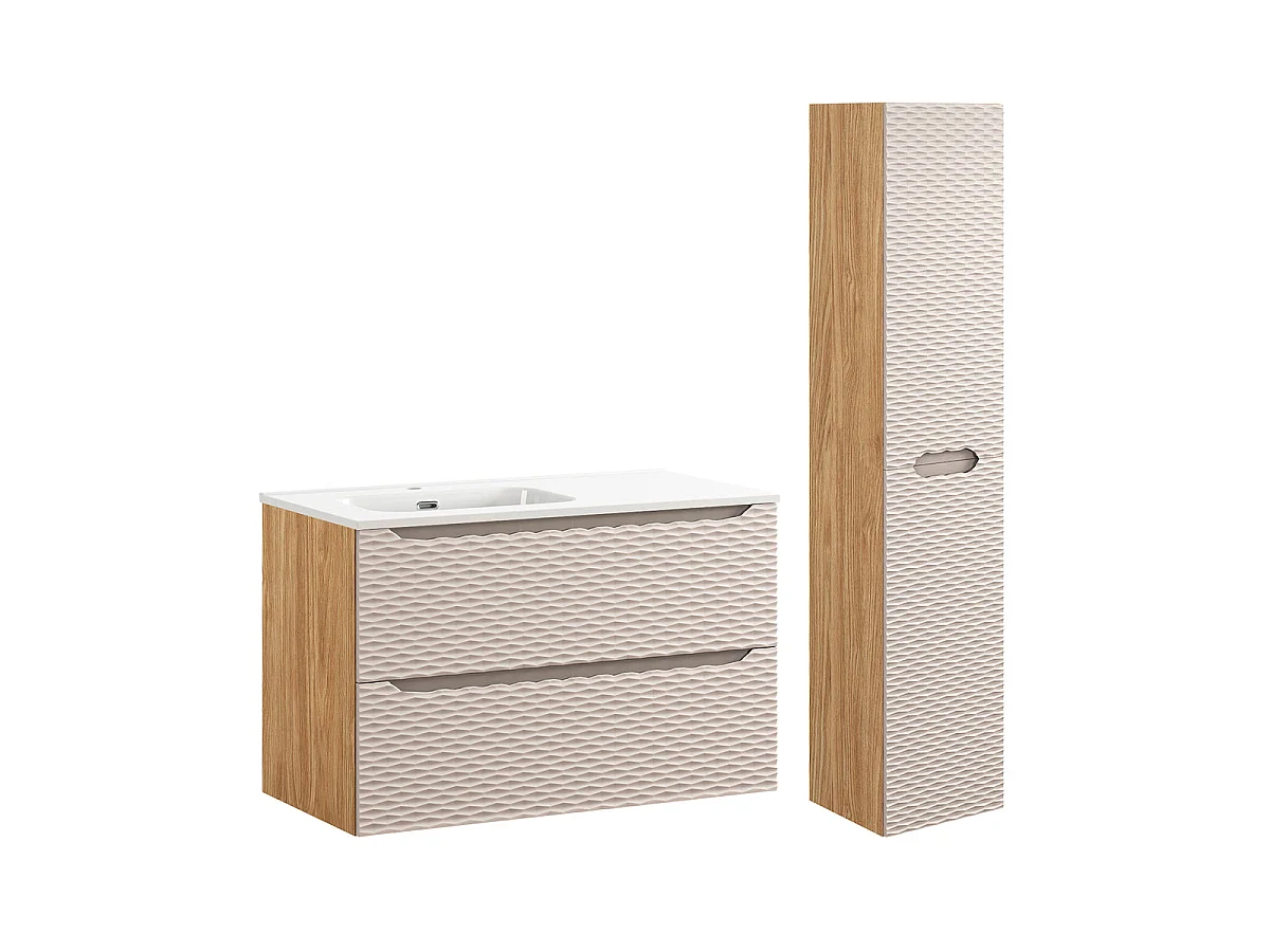 Ensemble meuble simple vasque encastrée gauche 90cm et colonne Elora Beige et bois