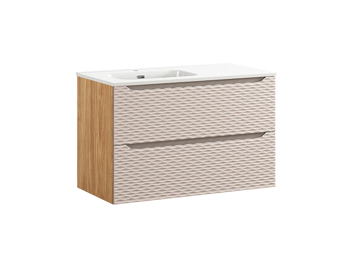 Ensemble meuble simple vasque encastrée gauche 90cm et colonne Elora Beige et bois