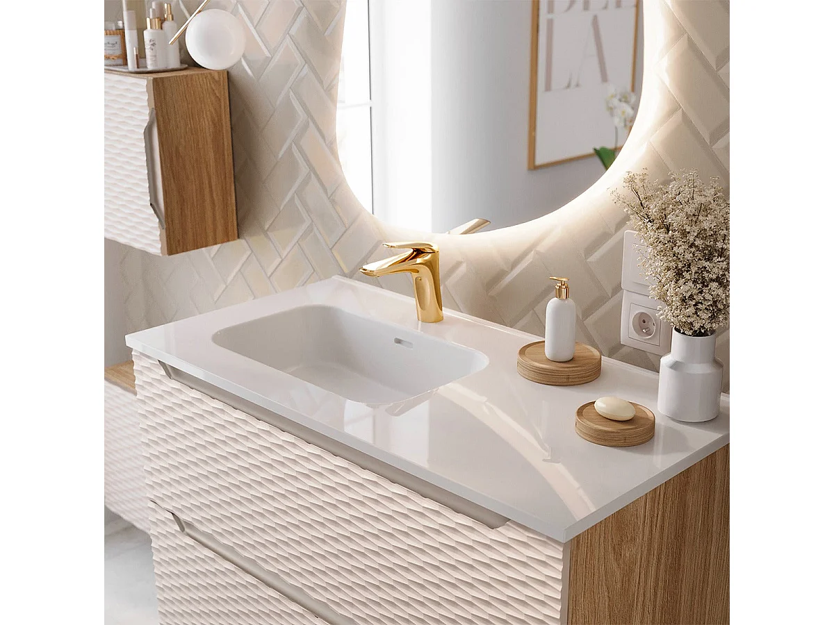 Ensemble meuble simple vasque encastrée gauche 90cm et colonne Elora Beige et bois