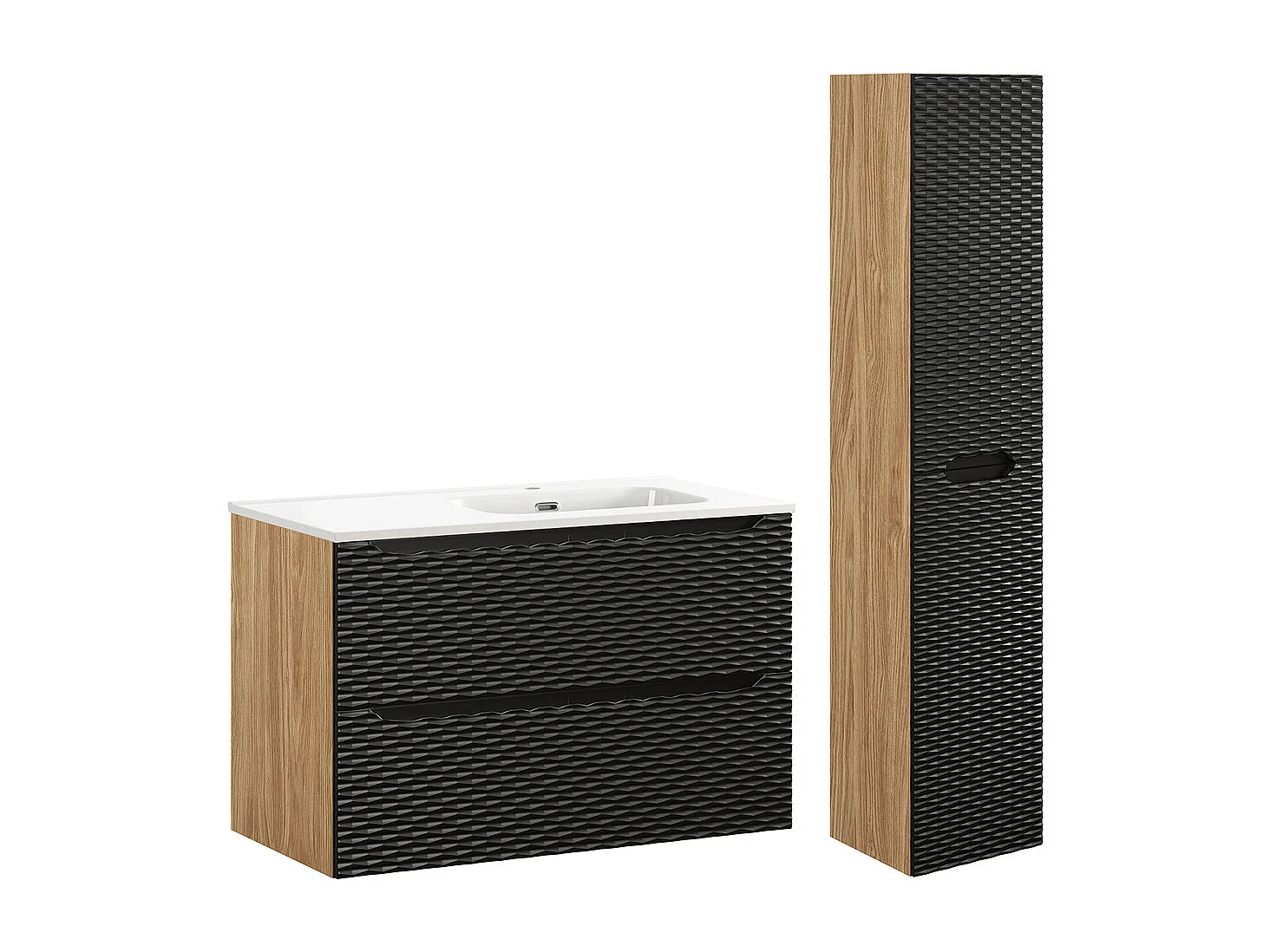 Ensemble meuble simple vasque encastrée droite 90cm et colonne Elora Noir et bois