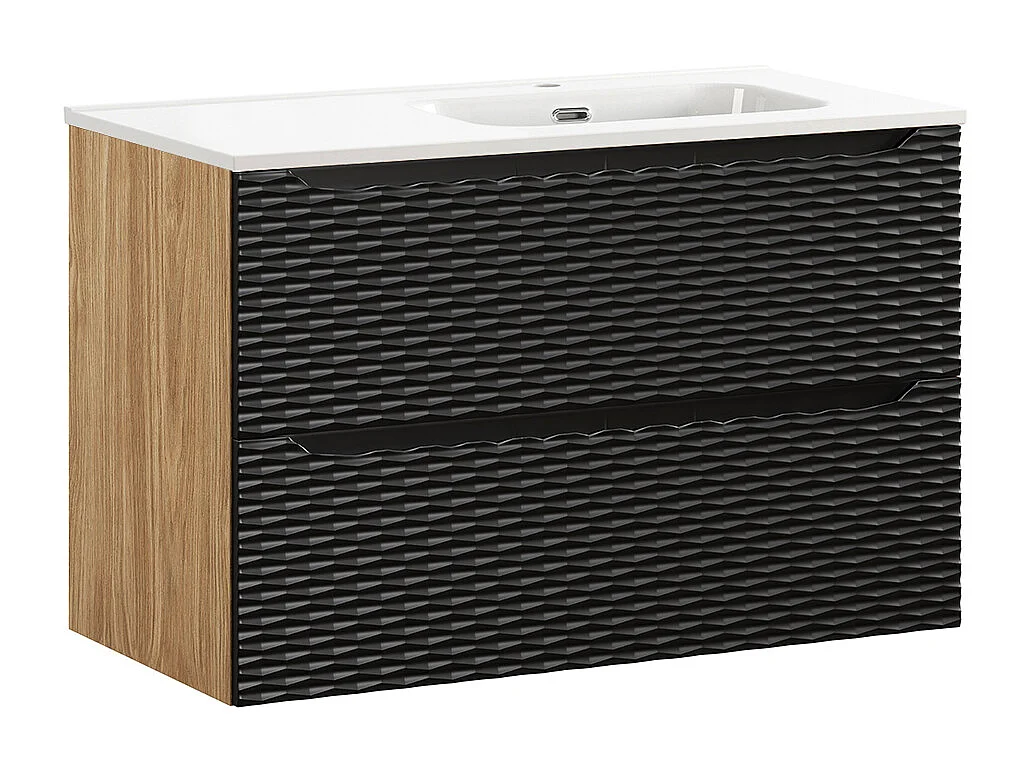 Ensemble meuble simple vasque encastrée droite 90cm et colonne Elora Noir et bois