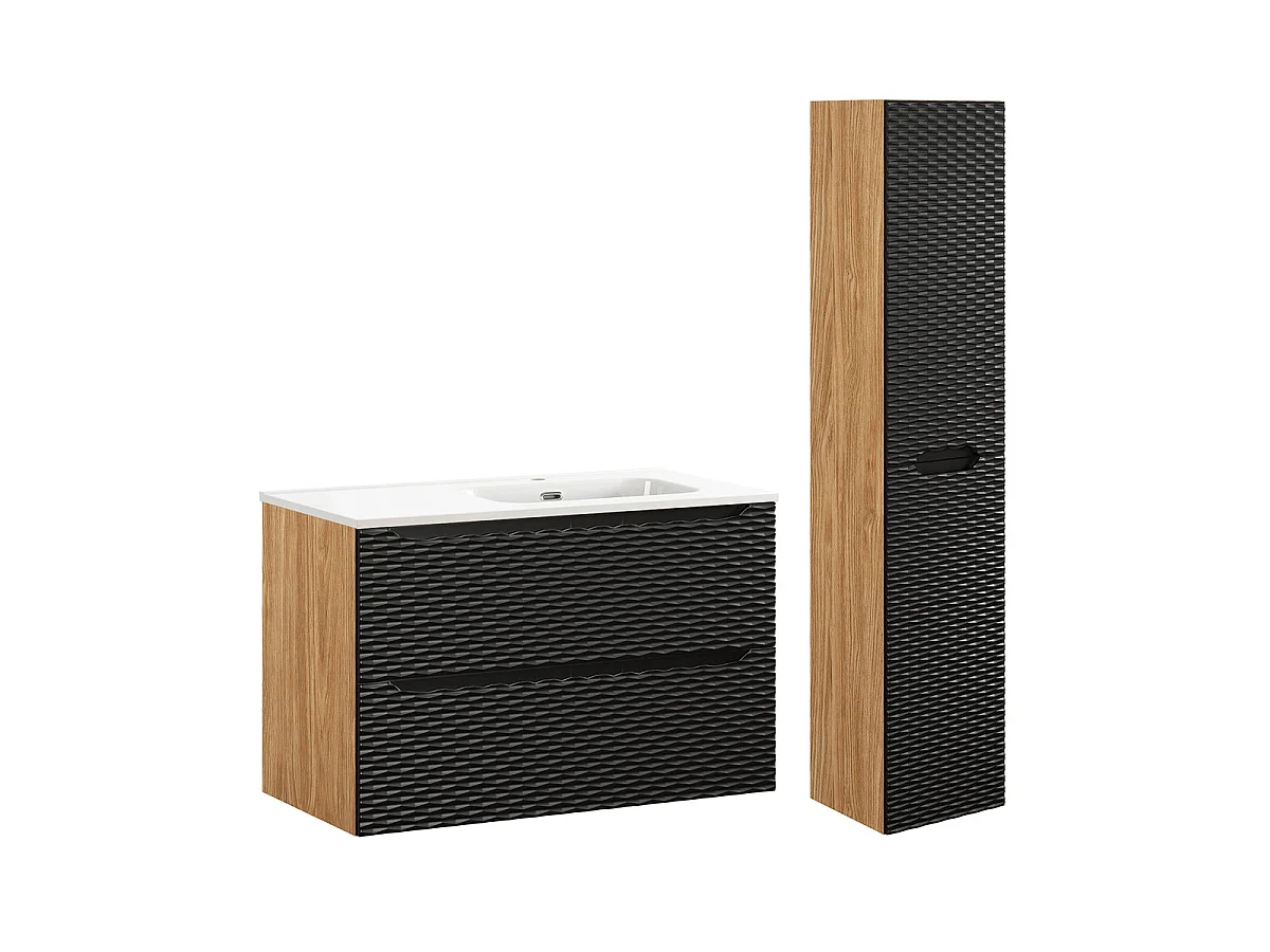 Ensemble meuble simple vasque encastrée droite 90cm et colonne Elora Noir et bois