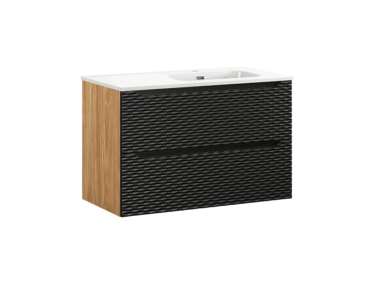 Ensemble meuble simple vasque encastrée droite 90cm et colonne Elora Noir et bois