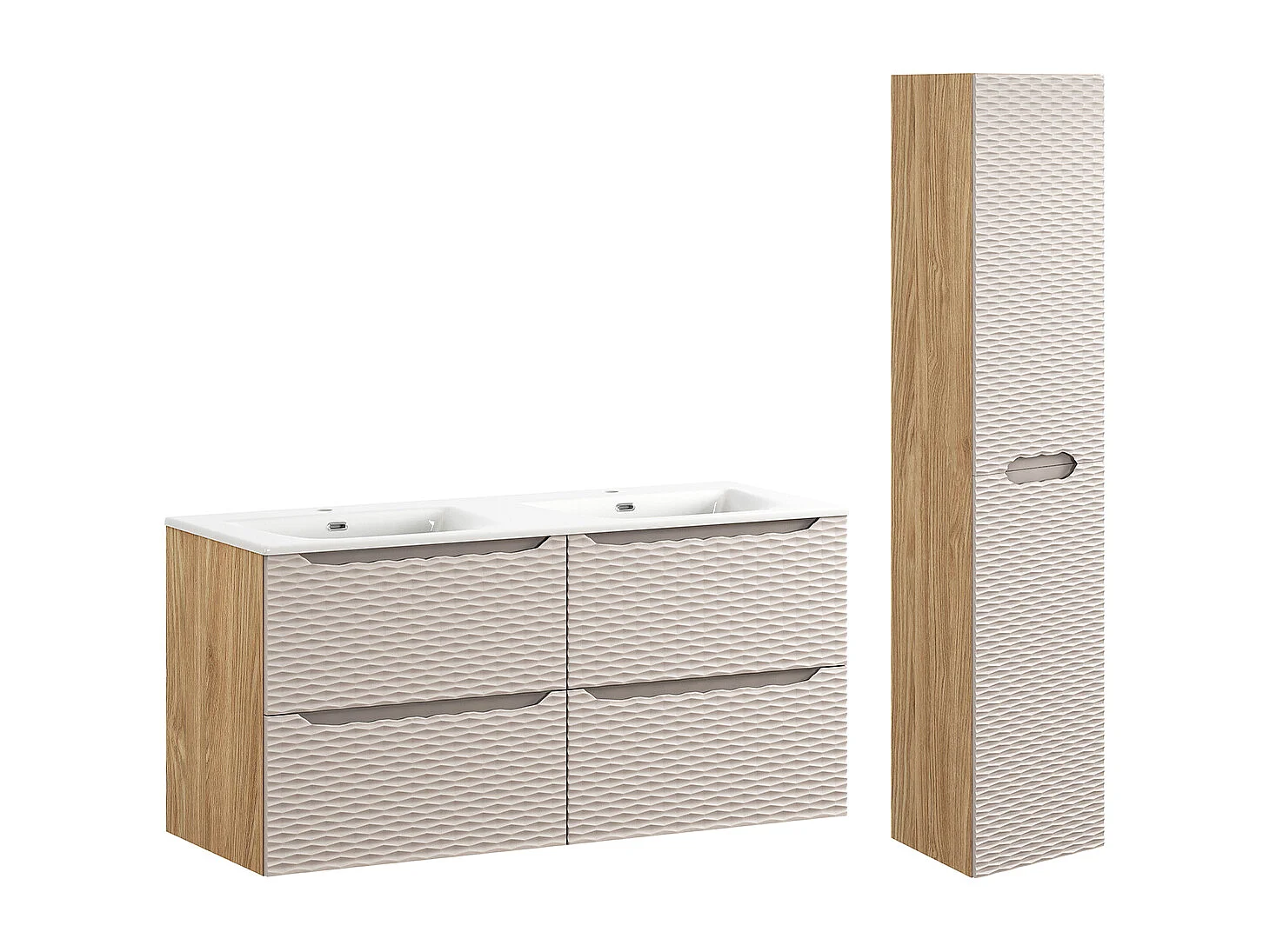 Conjunto de muebles con doble lavabo encastrado 120cm 4 cajones y columna Elora Beige y madera