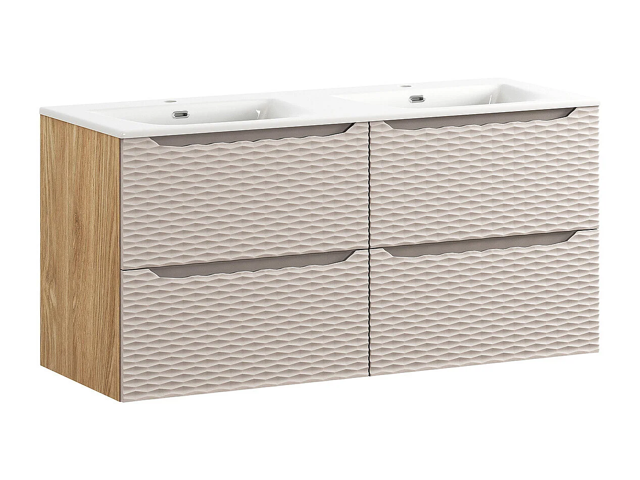 Conjunto de muebles con doble lavabo encastrado 120cm 4 cajones y columna Elora Beige y madera