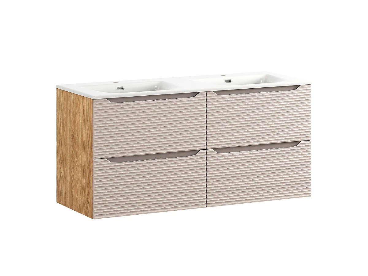 Ensemble meuble double vasque encastrée 120cm 4 tiroirs et colonne Elora Beige et bois