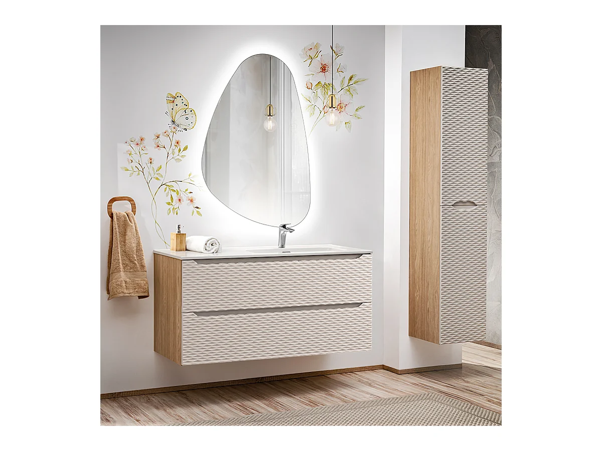 Ensemble meuble simple vasque encastrée droite 120cm 2 tiroirs et colonne Elora Beige et bois