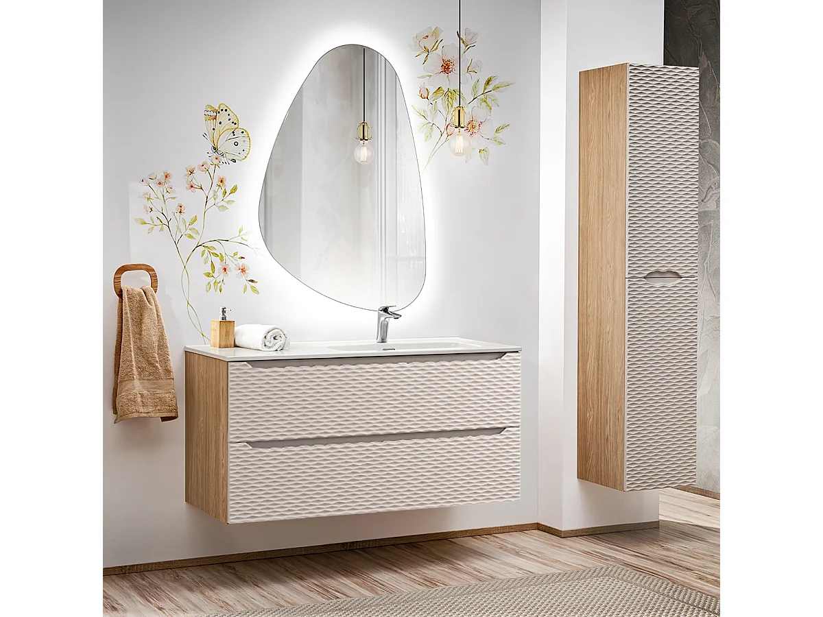 Ensemble meuble simple vasque encastrée droite 120cm 2 tiroirs et colonne Elora Beige et bois