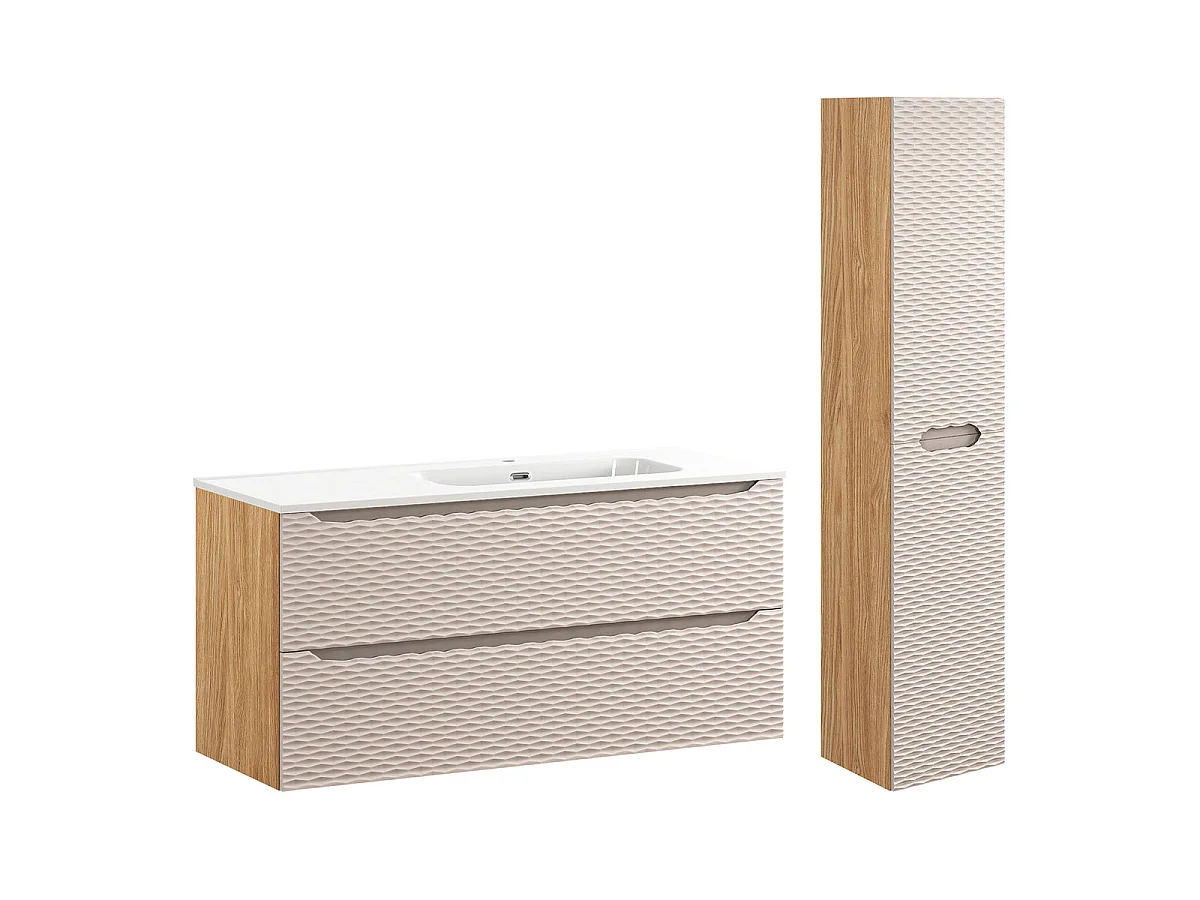 Ensemble meuble simple vasque encastrée droite 120cm 2 tiroirs et colonne Elora Beige et bois