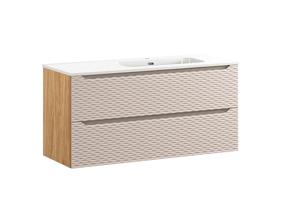 Ensemble meuble simple vasque encastrée droite 120cm 2 tiroirs et colonne Elora Beige et bois