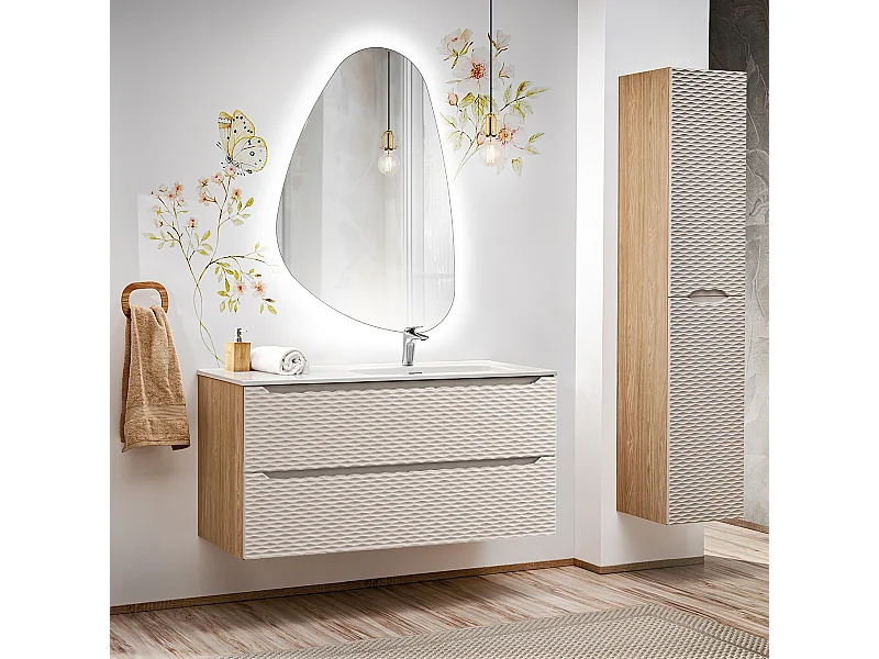 Conjunto de muebles con lavabo individual encastrado lado derecho 120cm 2 cajones y columna Elora Beige y madera