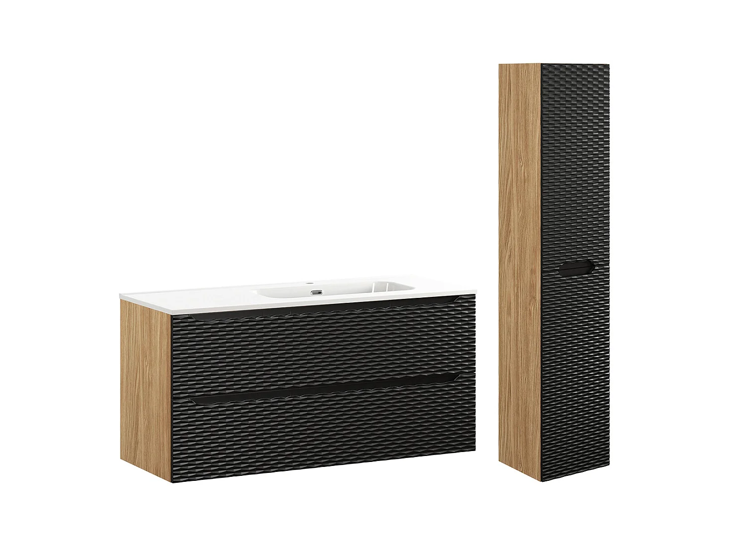 Ensemble meuble simple vasque encastrée droite 120cm 2 tiroirs et colonne Elora Noir et bois