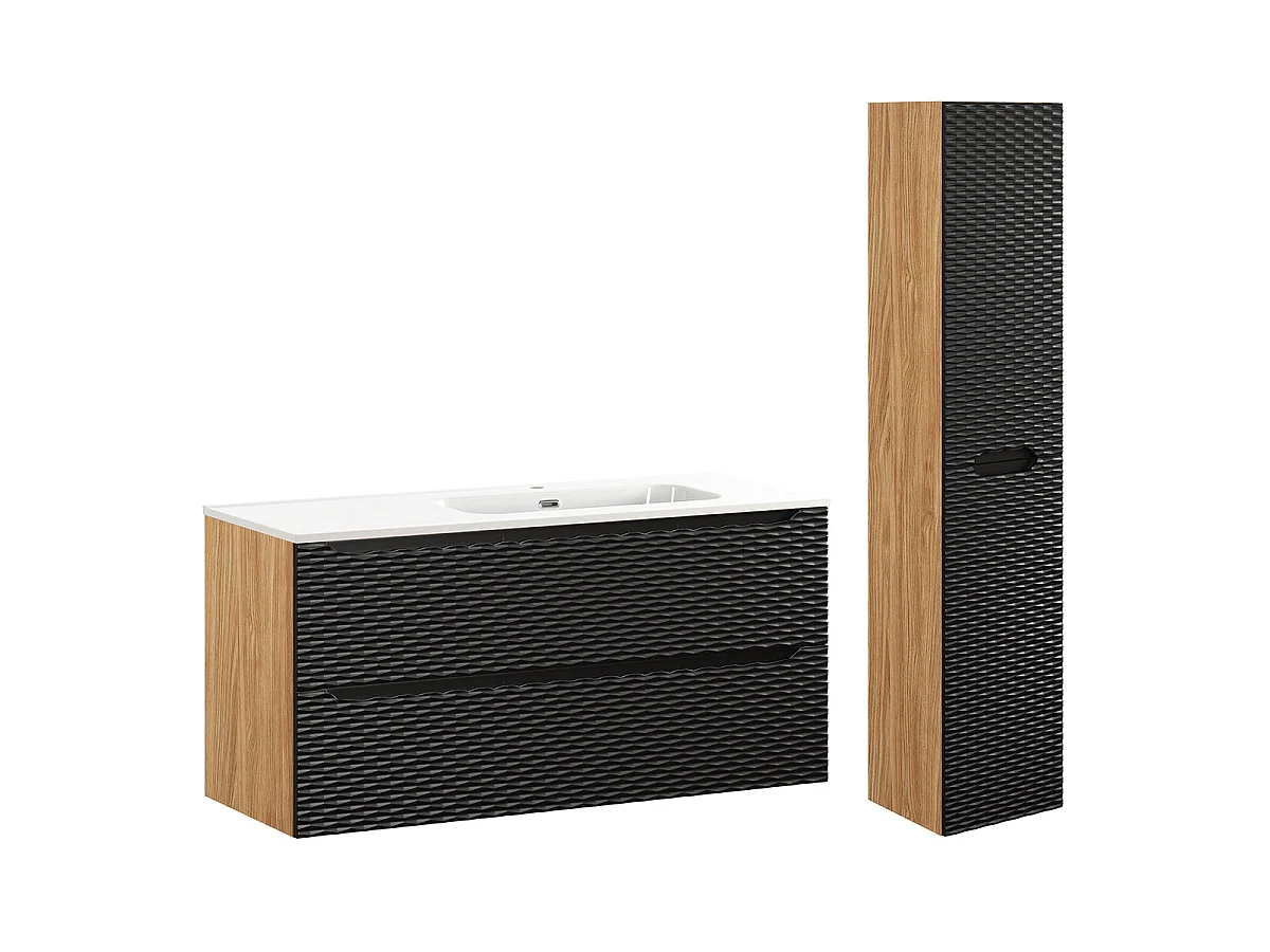 Ensemble meuble simple vasque encastrée droite 120cm 2 tiroirs et colonne Elora Noir et bois