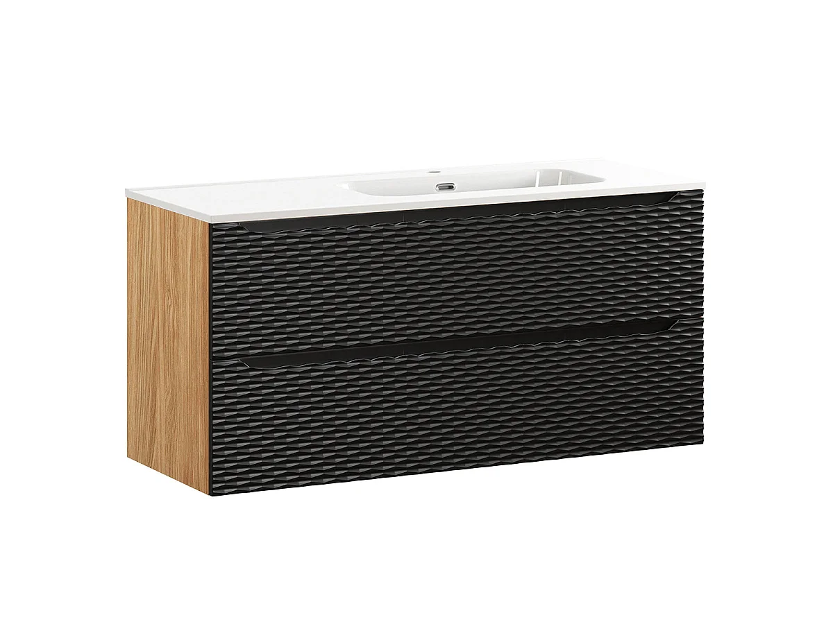 Ensemble meuble simple vasque encastrée droite 120cm 2 tiroirs et colonne Elora Noir et bois