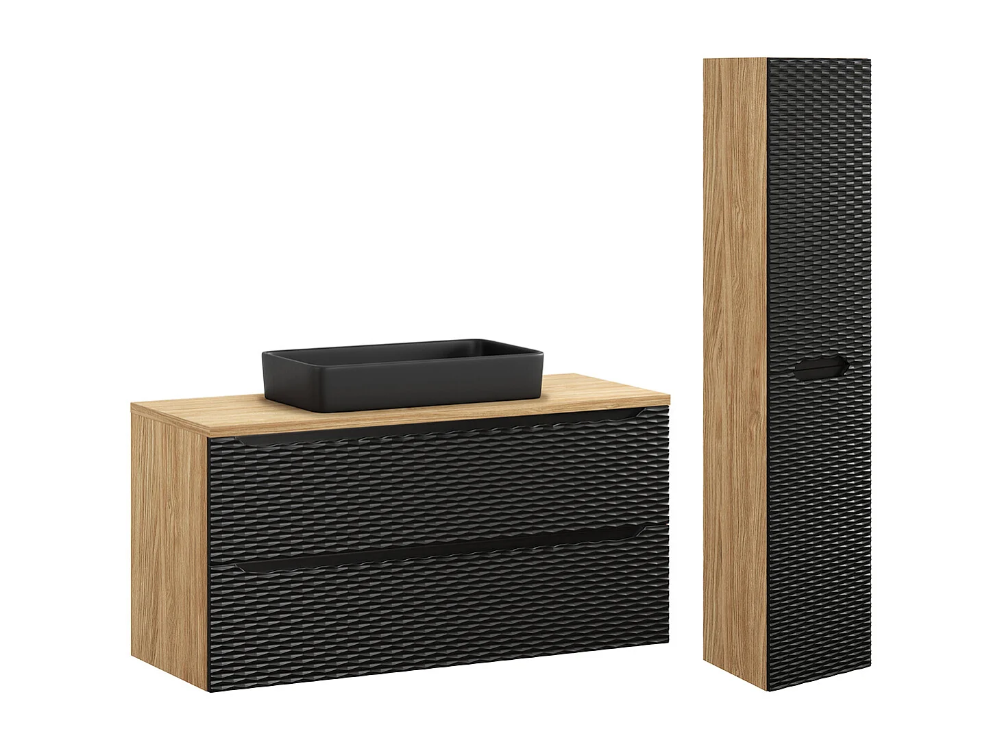 Ensemble meuble simple vasque 120cm 2 tiroirs et colonne Elora Noir et bois