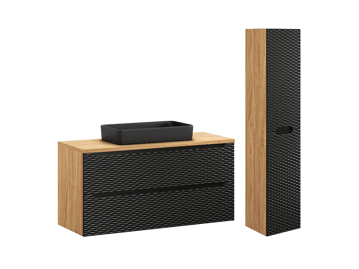 Ensemble meuble simple vasque 120cm 2 tiroirs et colonne Elora Noir et bois