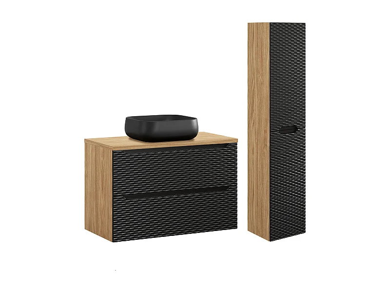 Conjunto de muebles con lavabo individual 90cm y columna Elora Negro y madera