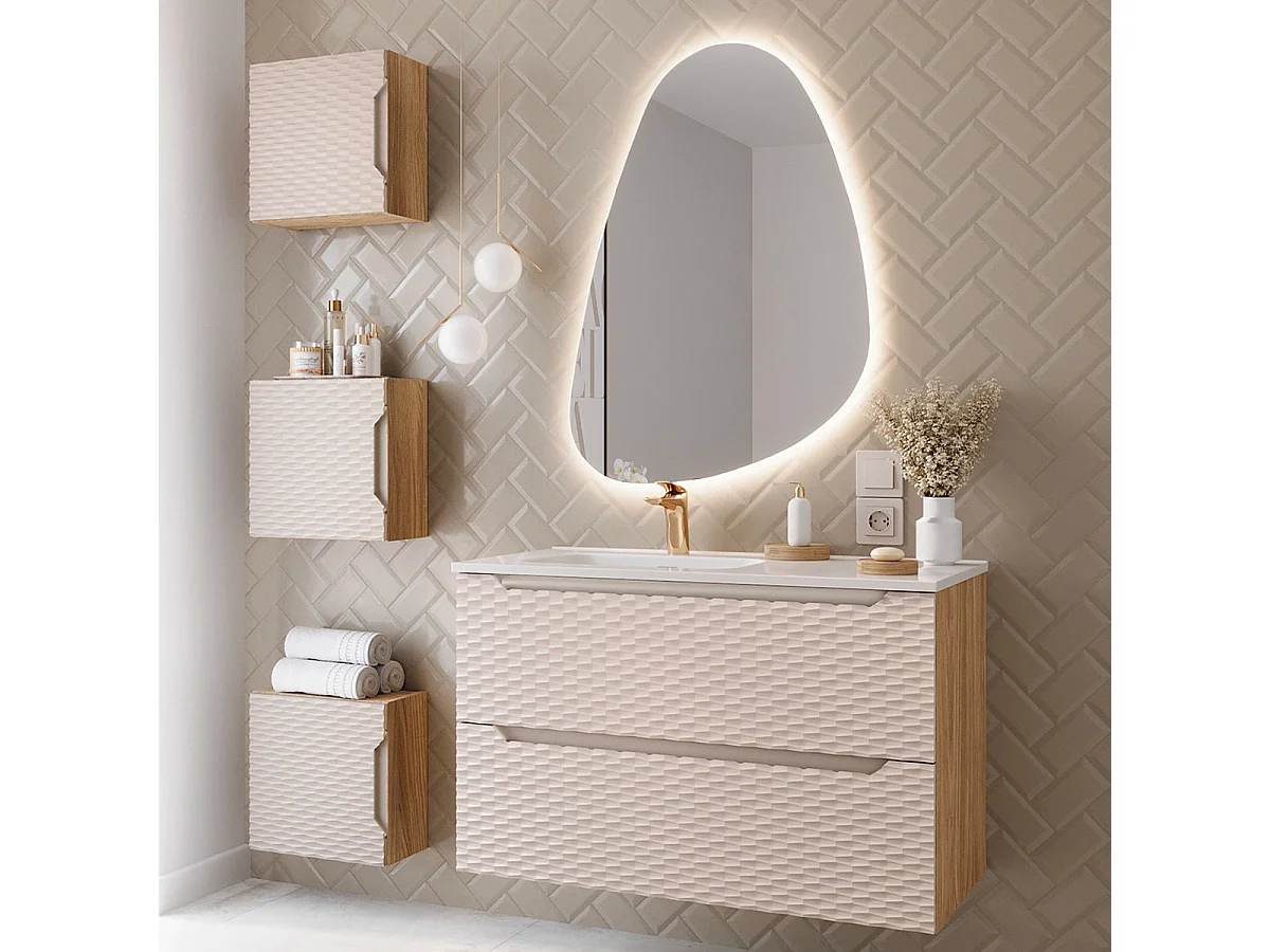 Mueble con lavabo individual encastrado lado izquierdo 90cm Elora Beige y madera