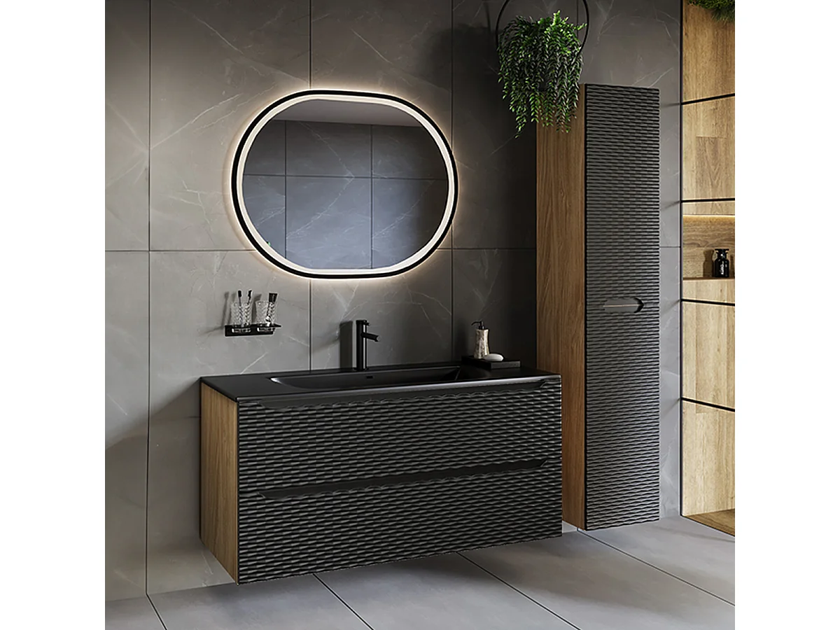 Mueble lavabo individual encastrado 120cm 2 cajones Elora Negro y madera