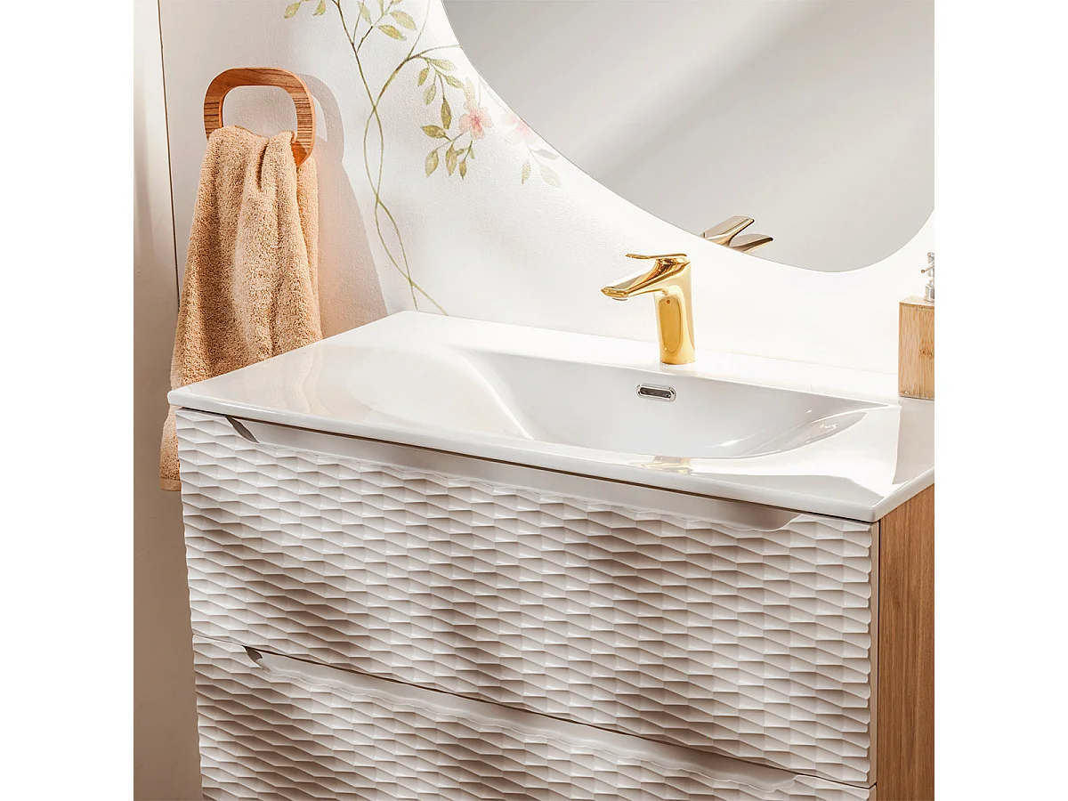 Mueble lavabo individual encastrado 90cm Elora Beige y madera