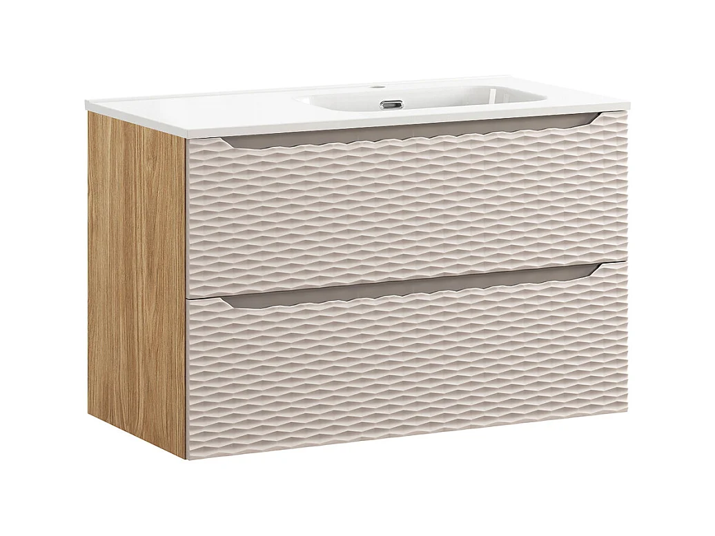 Meuble simple vasque encastrée droite 90cm Elora Beige et bois