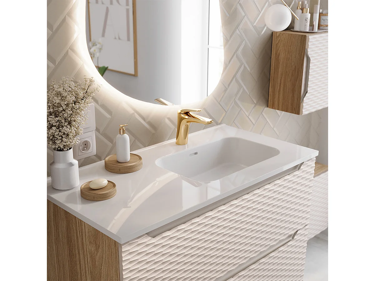 Elora Beige en hout enkel wastafelmeubel met rechte inbouwwastafel 90cm