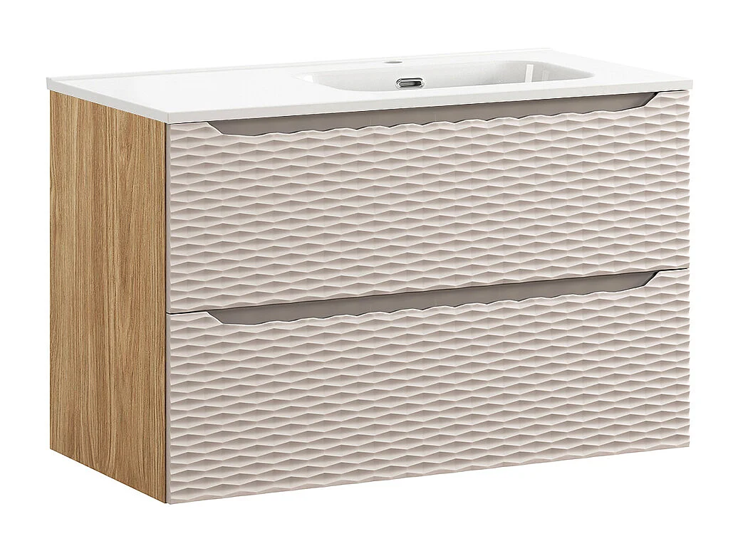 Elora Beige og træ enkelt underskab med lige indbygget håndvask 90cm