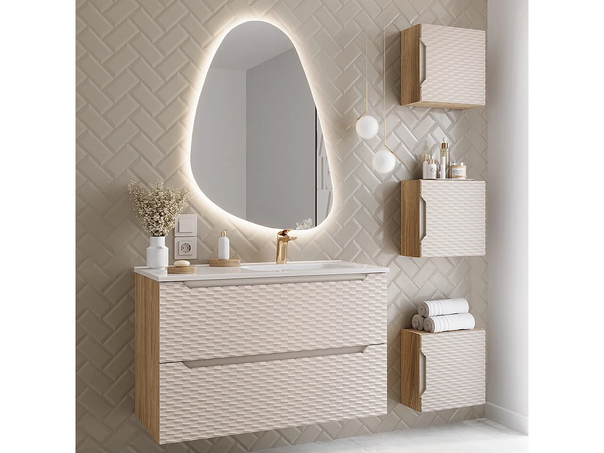 Elora Beige og træ enkelt underskab med lige indbygget håndvask 90cm