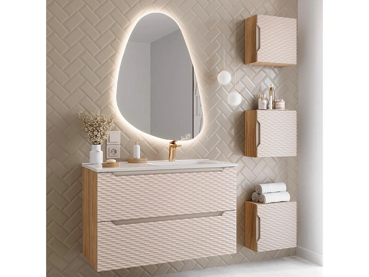 Meuble simple vasque encastrée droite 90cm Elora Beige et bois